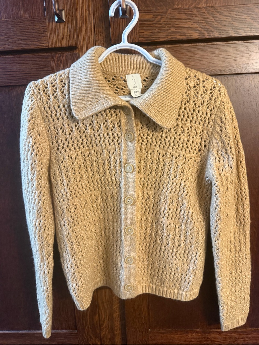 Joie Open-Knit Button-Front Cardigan in Tan